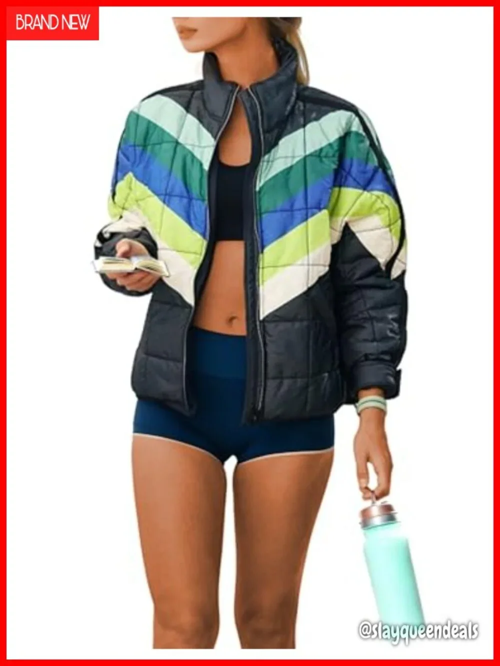 Quilted Puffer Jacket Lightweight Padded Coat Snap Cuffs High Collar Long Sleeve
